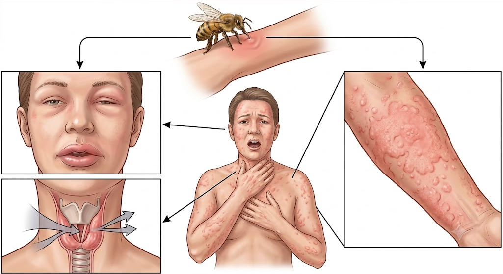 Ilustração dos sinais precoces de anafilaxia sistêmica após acidente com himenóptero, destacando urticária disseminada, edema facial e estridor respiratório.