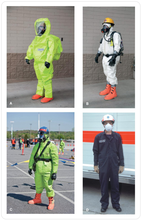 Quatro fotografias organizadas em quadrantes de A a D que demonstram os níveis de Equipamento de Proteção Individual (EPI) para materiais perigosos. A imagem A (Nível A) mostra uma pessoa totalmente encapsulada em um traje amarelo-limão impermeável com visor transparente e bota laranja, cobrindo o corpo e o equipamento de respiração interna. A imagem B (Nível B) mostra um operador com macacão branco resistente a respingos, luvas pretas, botas laranjas, capacete amarelo e máscara facial acoplada a um cilindro de respiração autônoma externo nas costas. A imagem C (Nível C) exibe um operador em ambiente externo com macacão verde, bota laranja, capacete azul e máscara com respirador purificador de ar. A imagem D (Nível D) apresenta um socorrista à frente de uma ambulância vestindo macacão azul-marinho de serviço padrão, luvas claras, capacete branco e máscara de proteção facial simples.