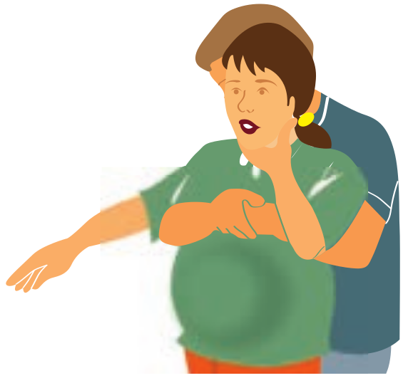 Ilustração de uma pessoa realizando a manobra de Heimlich em uma gestante consciente com obstrução das vias aéreas, utilizando compressões torácicas acima do abdômen devido à gravidez.