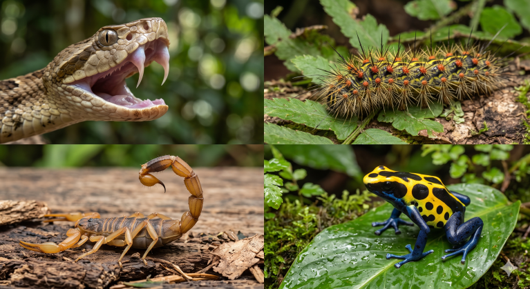 Montagem comparativa com quatro animais. À esquerda, uma serpente e um escorpião representam animais peçonhentos, que inoculam veneno por estruturas especializadas, como presas e ferrão. À direita, uma lagarta com cerdas urticantes e um sapo colorido representam animais venenosos, cujo veneno causa intoxicação principalmente por contato ou ingestão. A composição evidencia a diferença entre inoculação ativa e exposição passiva ao veneno.