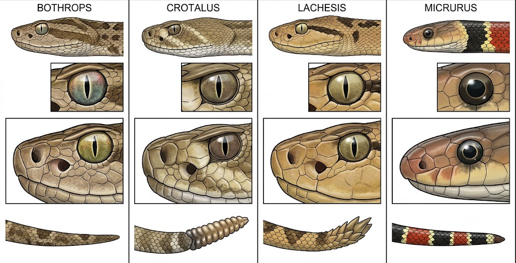 Quadro comparativo das serpentes dos gêneros Bothrops, Crotalus, Lachesis e Micrurus, mostrando detalhes da cabeça, formato da pupila, presença ou ausência da fosseta loreal e características da cauda, utilizados para diferenciação entre os grupos.