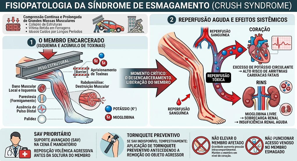 Infográfico explicativo sobre a Fisiopatologia da Síndrome de Esmagamento (Crush Syndrome), dividido em três seções principais. A primeira seção, à esquerda, mostra um membro inferior sob um peso estrutural, ilustrando isquemia, rabdomiólise e o acúmulo de toxinas (potássio e mioglobina). A seção central e à direita detalha o momento da reperfusão após o desencarceramento, mostrando as toxinas entrando na circulação sanguínea e causando efeitos sistêmicos: excesso de potássio no coração, elevando o risco de arritmias fatais, e sobrecarga de mioglobina nos rins, levando à insuficiência renal aguda. Na parte inferior, há um guia de conduta: recomenda-se Suporte Avançado (SAV) prioritário, uso de torniquete preventivo antes da soltura se o SAV não estiver disponível, e proíbe-se elevar o membro afetado ou realizar punção venosa no local do esmagamento.
