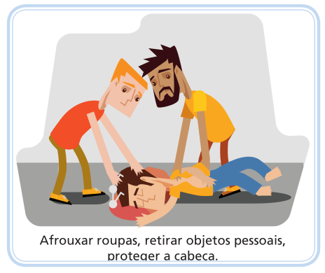 Ilustração em estilo cartoon mostrando duas pessoas prestando primeiros socorros a um homem deitado de lado no chão. Um dos socorristas protege a cabeça da vítima com um apoio macio, enquanto o outro afrouxa sua camisa. Óculos foram retirados e estão ao lado. Na parte inferior, há o texto: 'Afrouxar roupas, retirar objetos pessoais, proteger a cabeça.