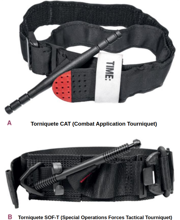 Comparação entre dois torniquetes táticos para controle de hemorragias: (A) torniquete CAT (Combat Application Tourniquet) e (B) torniquete SOF-T (Special Operations Forces Tactical Tourniquet), apresentados sobre fundo claro.